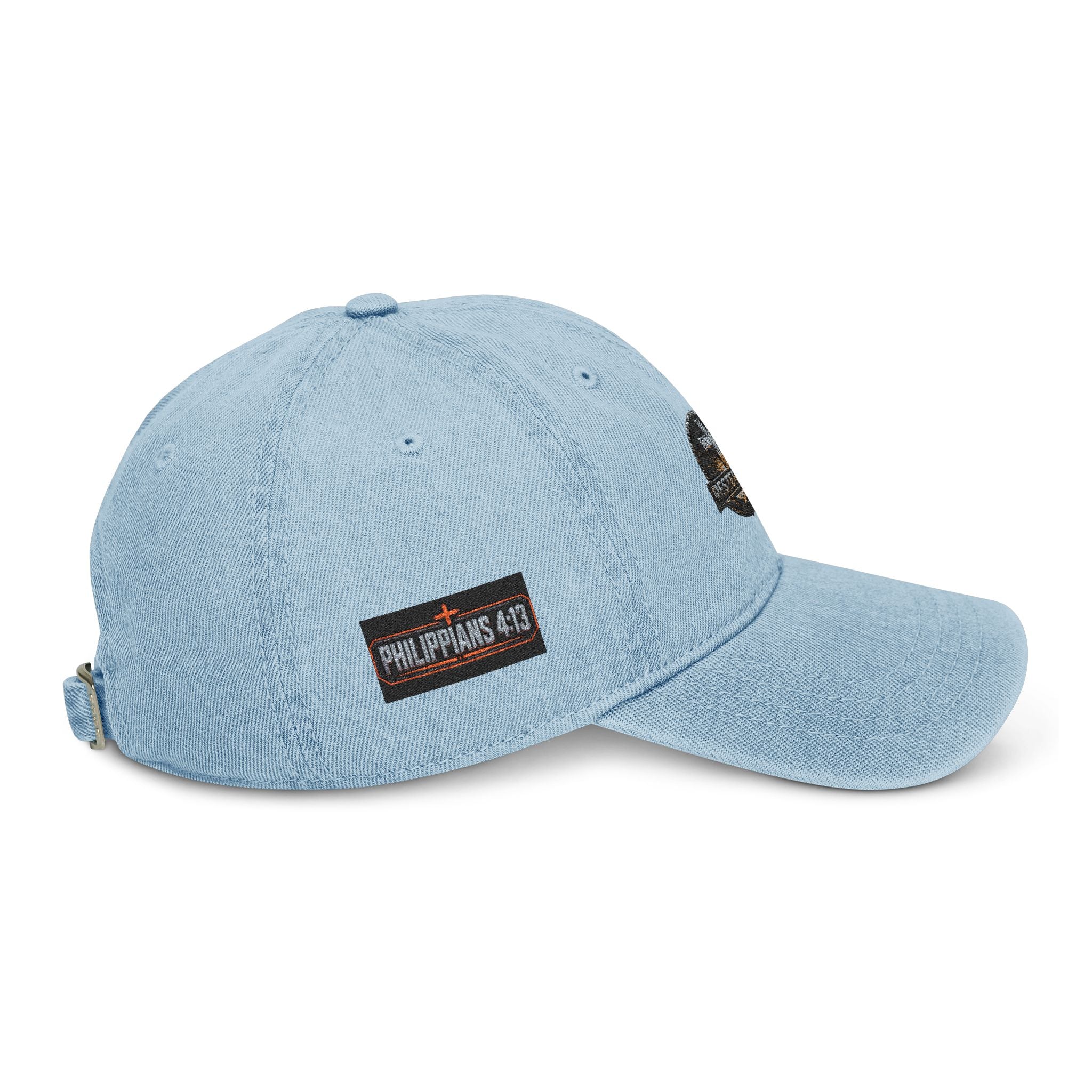 Distressed Cross Embroidered, Phil 4:13 Denim Hat — Vintage Christian Baseball Cap - RESTERATION