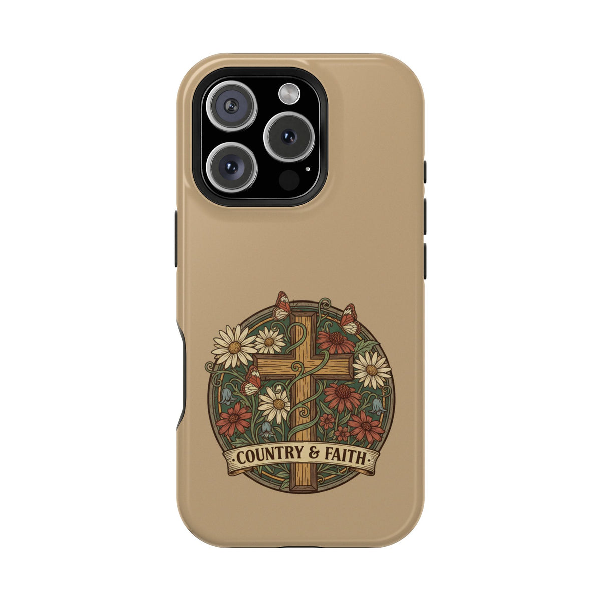 Tan magnetic impact-resistant phone case with floral crest design on the back.