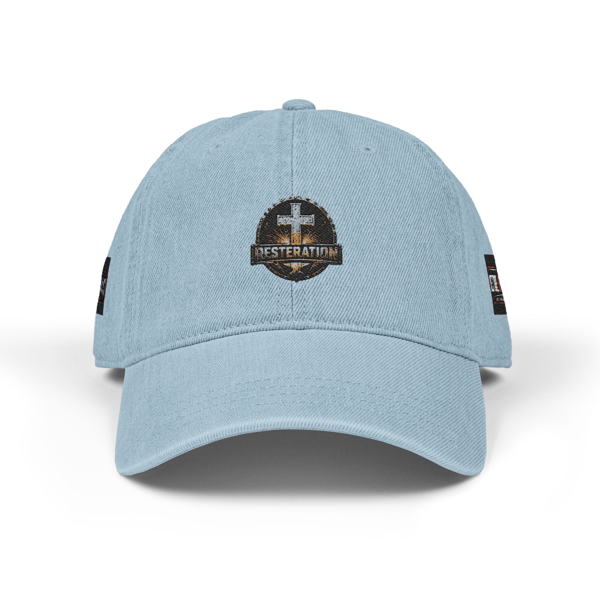 Distressed Cross Embroidered, Phil 4:13 Denim Hat — Vintage Christian Baseball Cap - RESTERATION