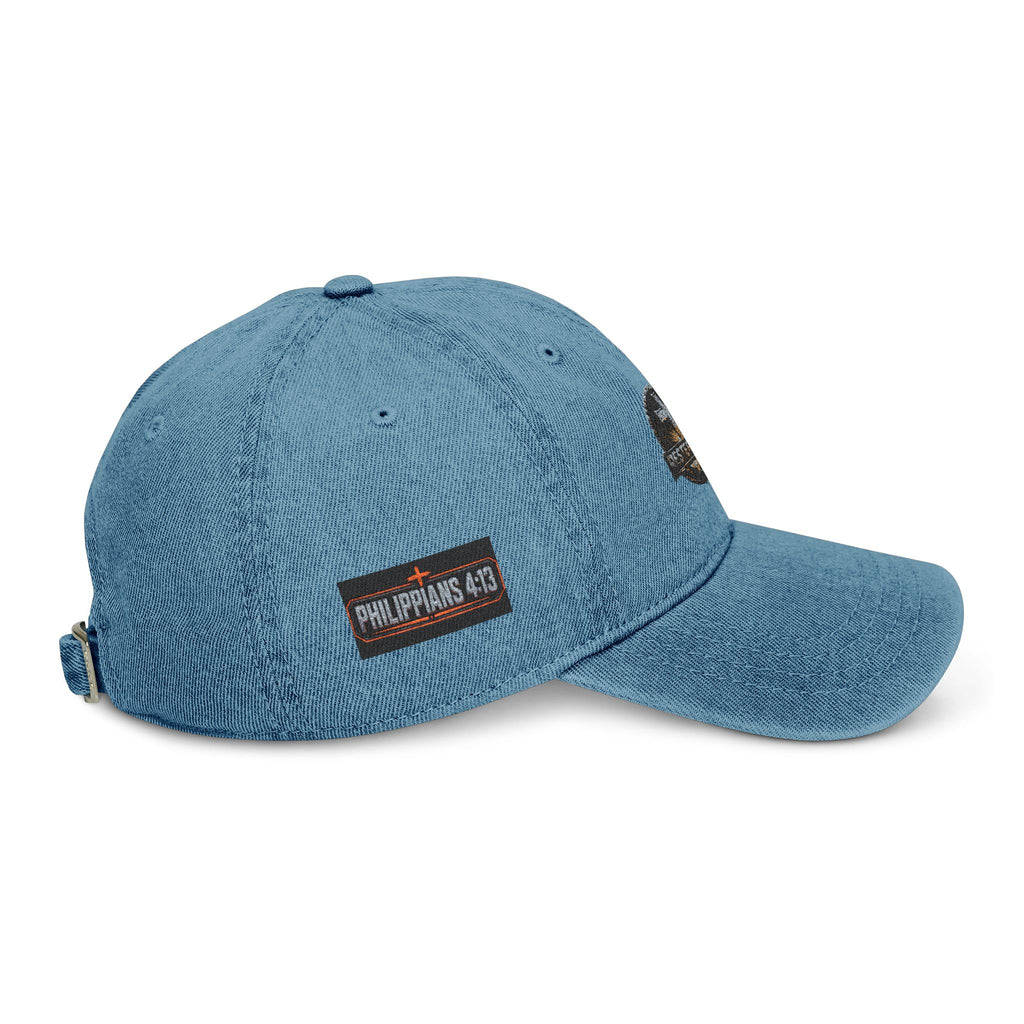Distressed Cross Embroidered, Phil 4:13 Denim Hat — Vintage Christian Baseball Cap - RESTERATION