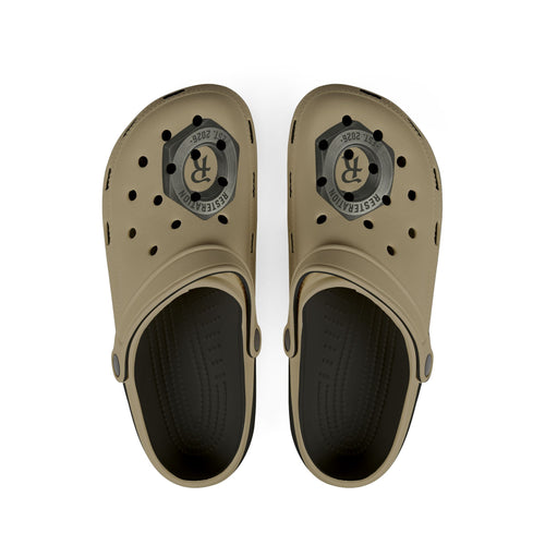 Beige EVA Clog Sandals with Badge Graphic