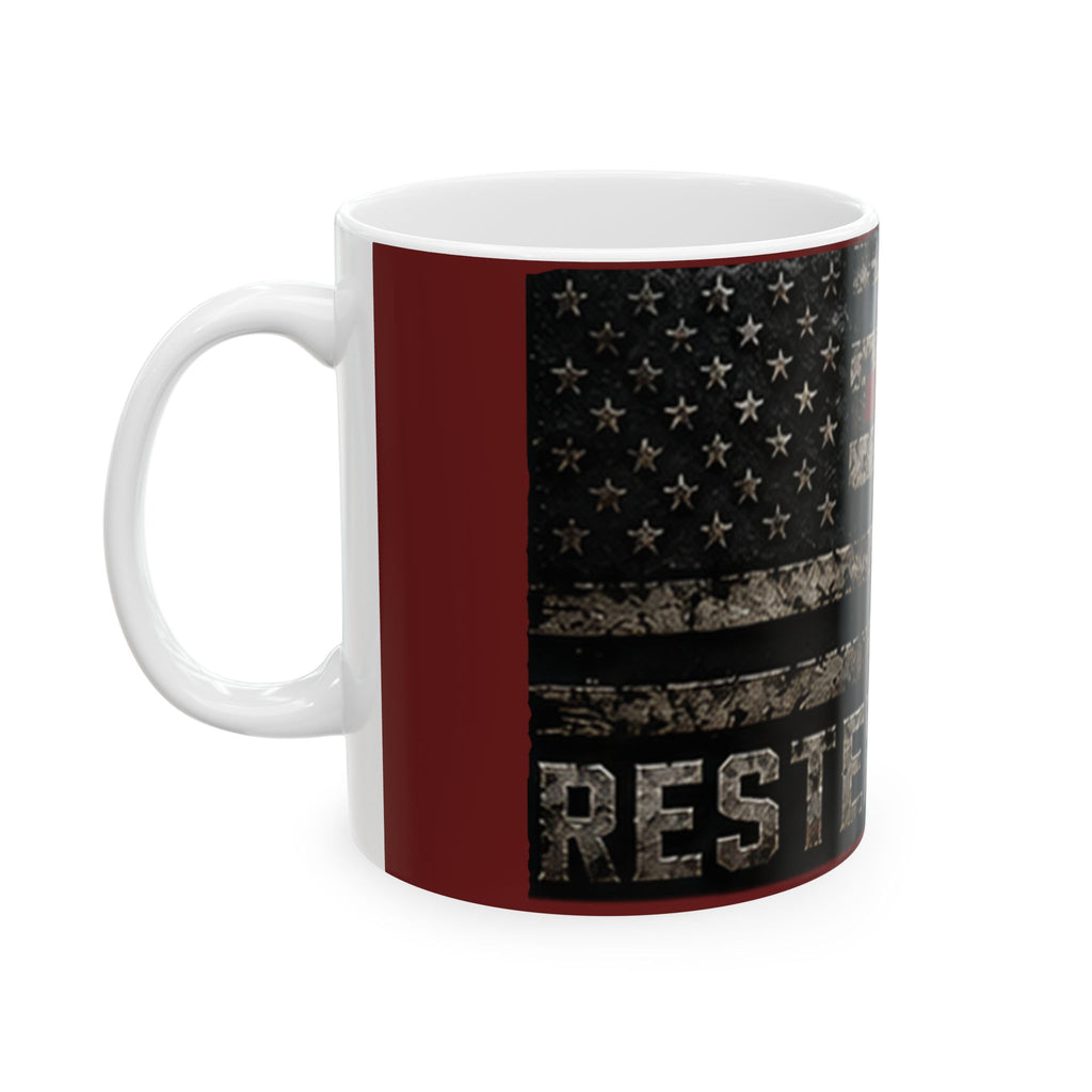 RESTERATION Faith & Flag Ceramic Mug — Christian Cross Coffee Cup | 11oz & 15oz
