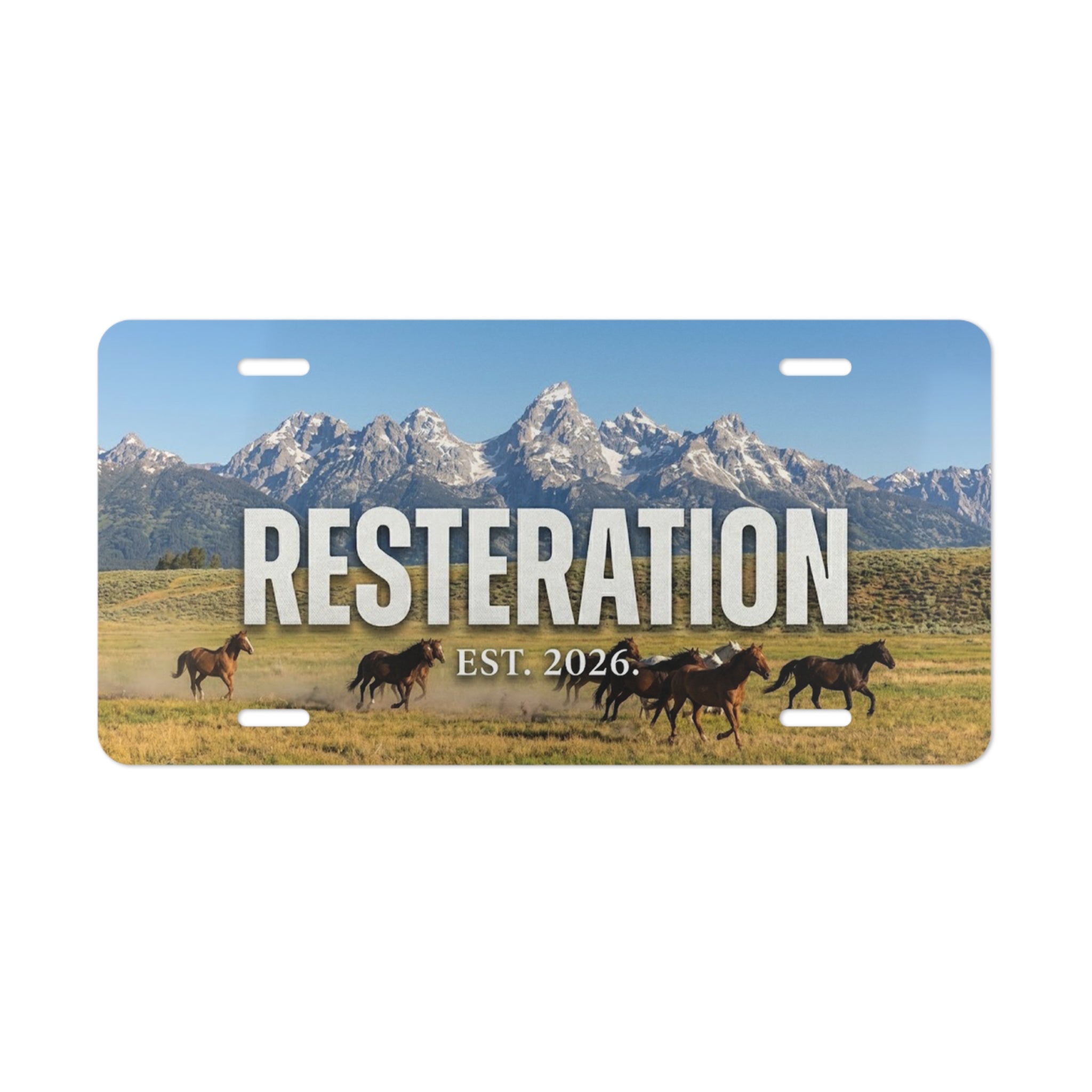 Vanity Plate — 'RESTERATION Est. 2026' Mountain Horses License Plate