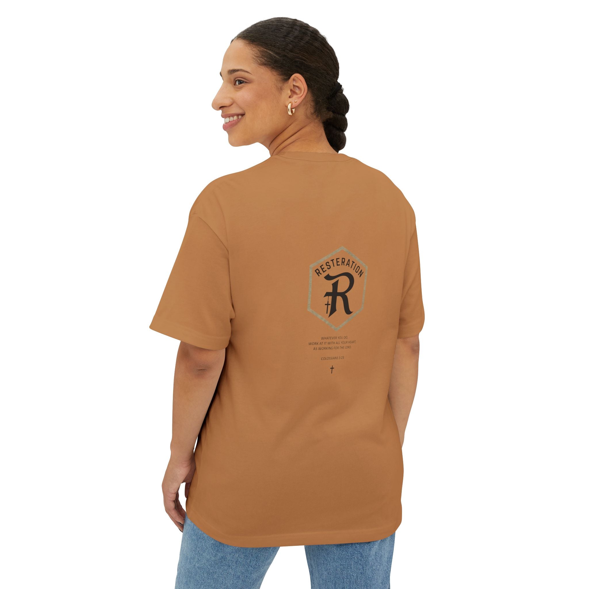 RESTERATION Oversized Boxy Tee — Colossians 3:23 Scripture Back Print - RESTERATION