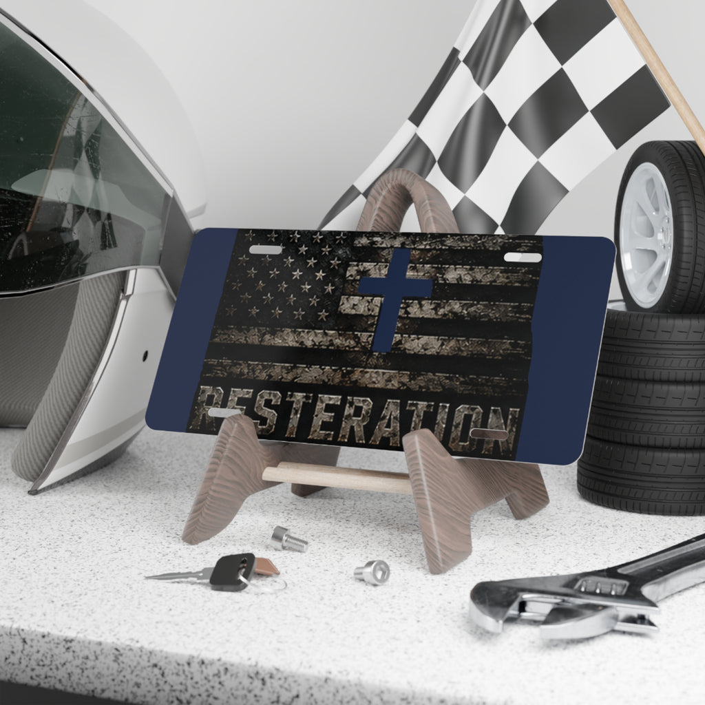 RESTERATION Faith & Flag Vanity Plate — Distressed Cross & American Flag Car Tag 4 - RESTERATION