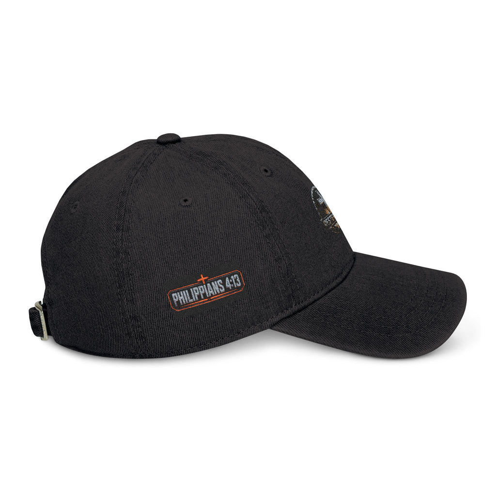 Distressed Cross Embroidered, Phil 4:13 Denim Hat — Vintage Christian Baseball Cap - RESTERATION