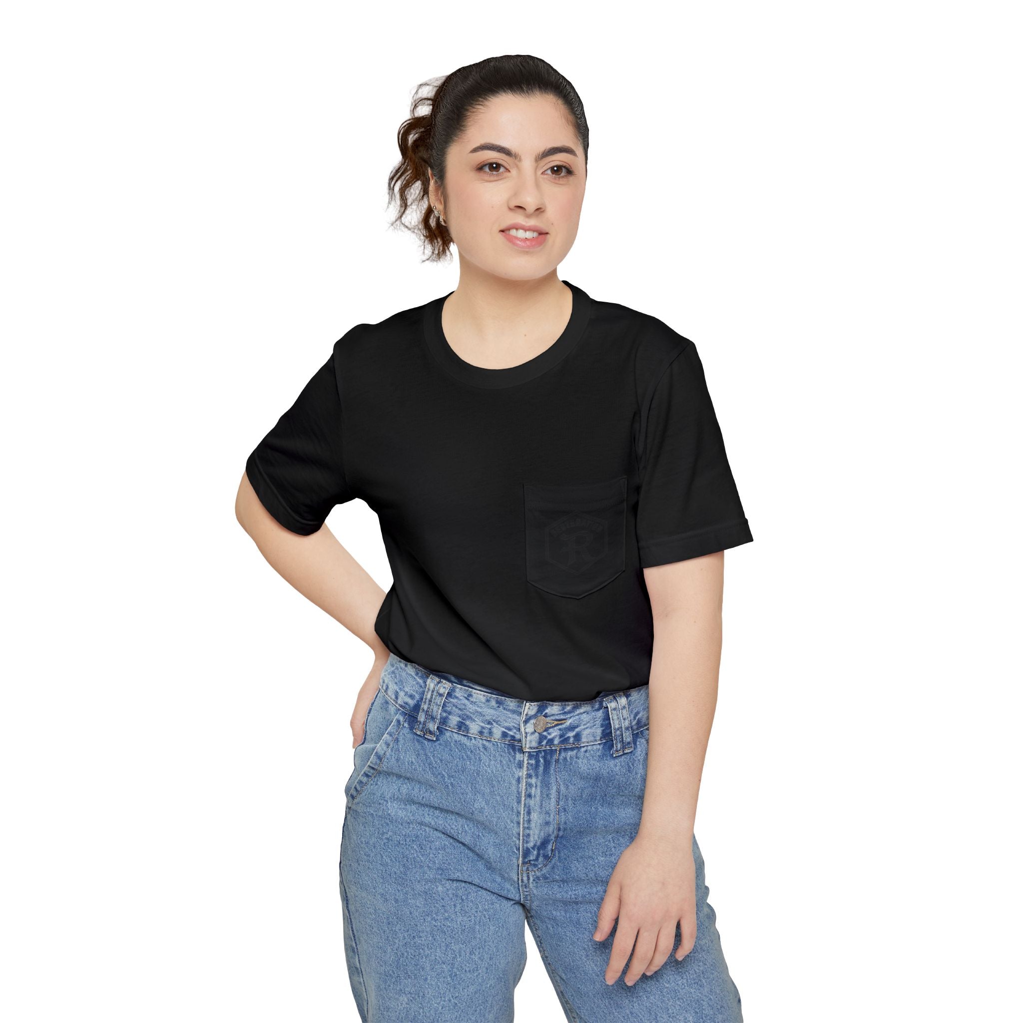 Christian Cross Pocket T-Shirt — Three Crosses Scenic Back Print