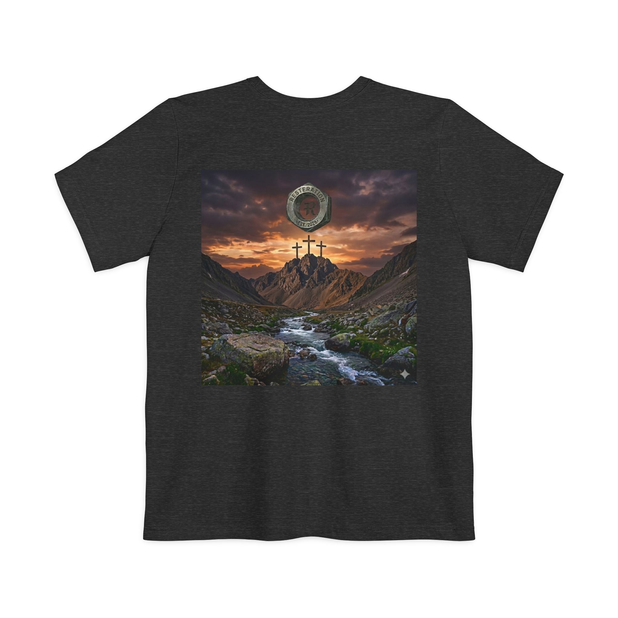 Christian Cross Pocket T-Shirt — Three Crosses Scenic Back Print