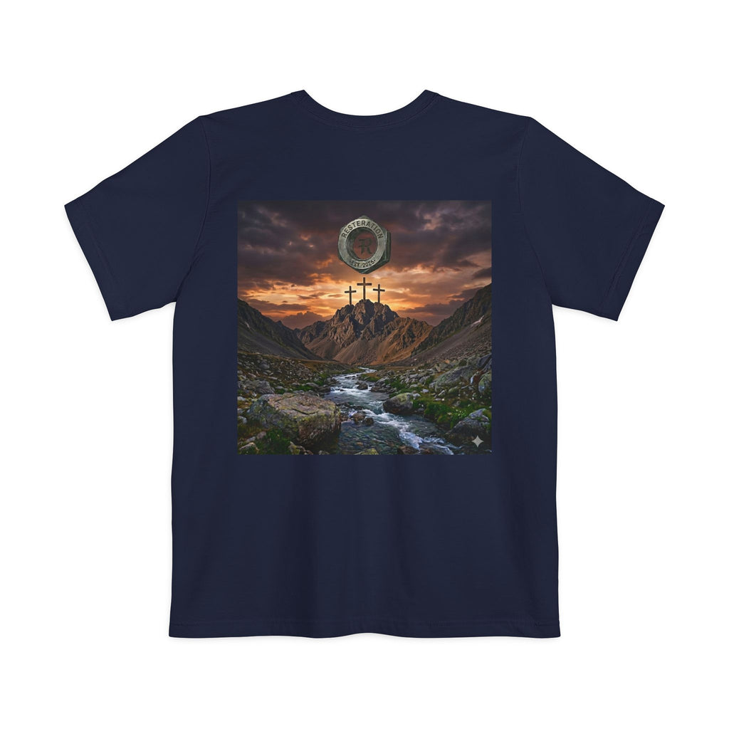 Christian Cross Pocket T-Shirt — Three Crosses Scenic Back Print