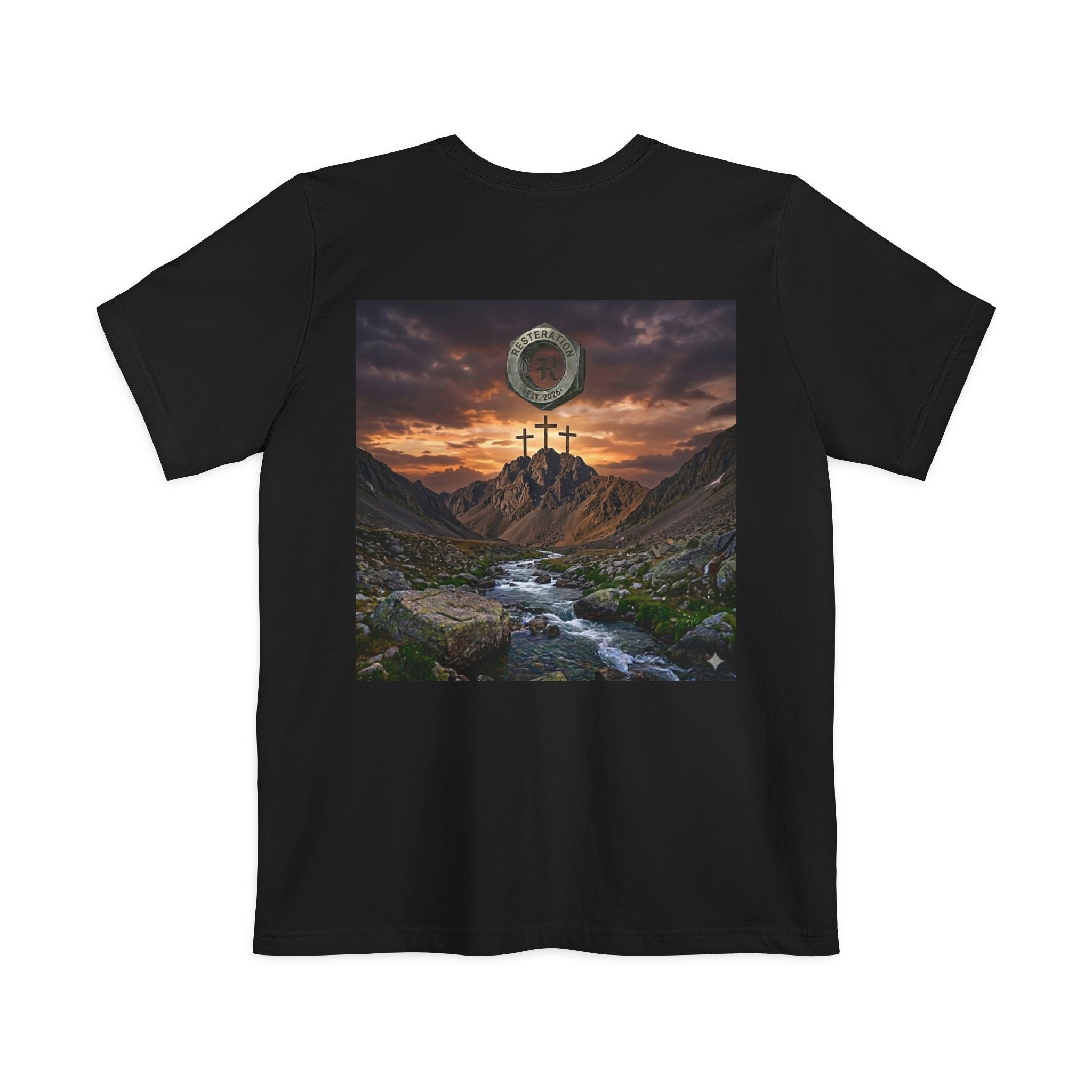 Christian Cross Pocket T-Shirt — Three Crosses Scenic Back Print