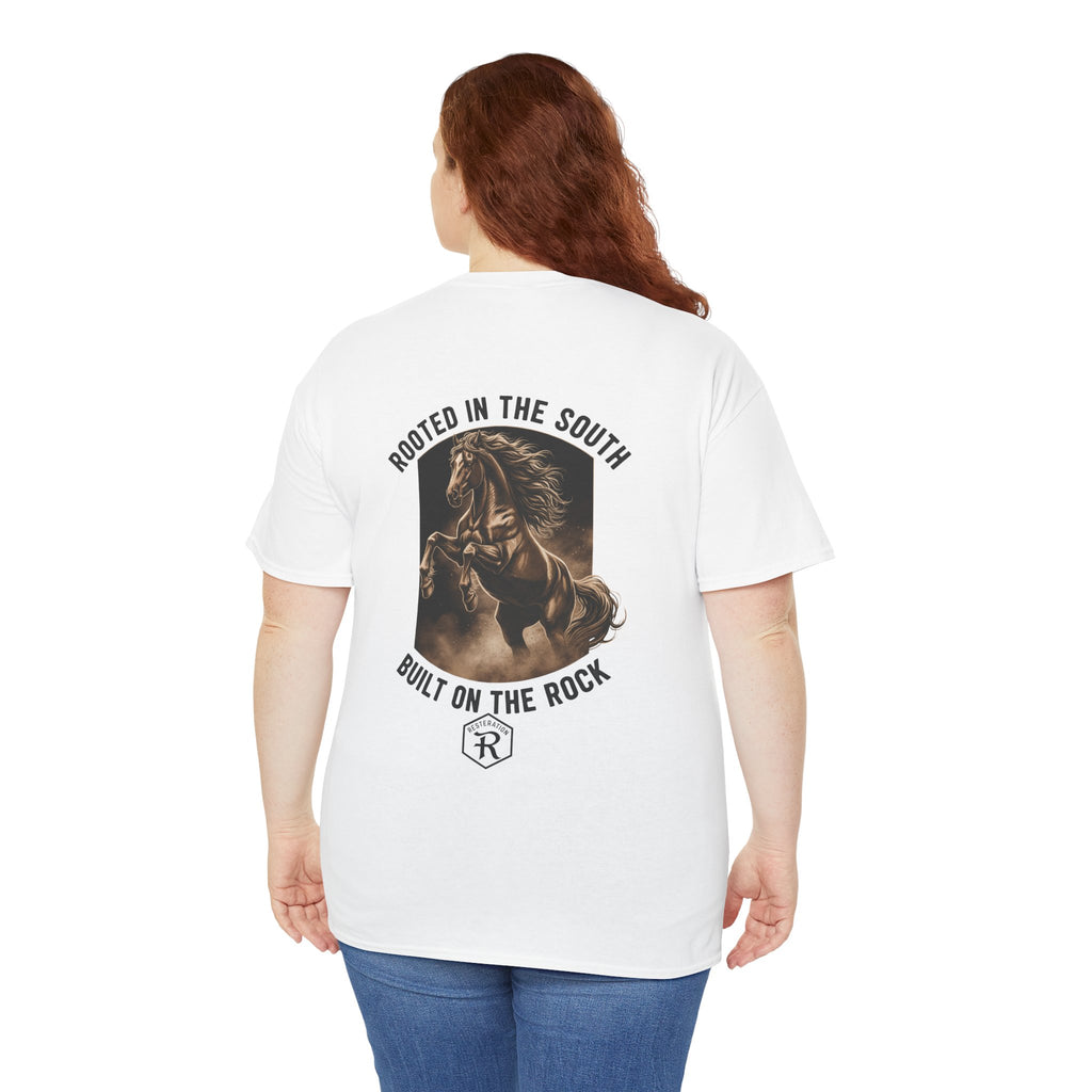 RESTERATION Tee — 'Rooted in the South, Built on the Rock' | Back Print Horse Graphic Shirt - RESTERATION