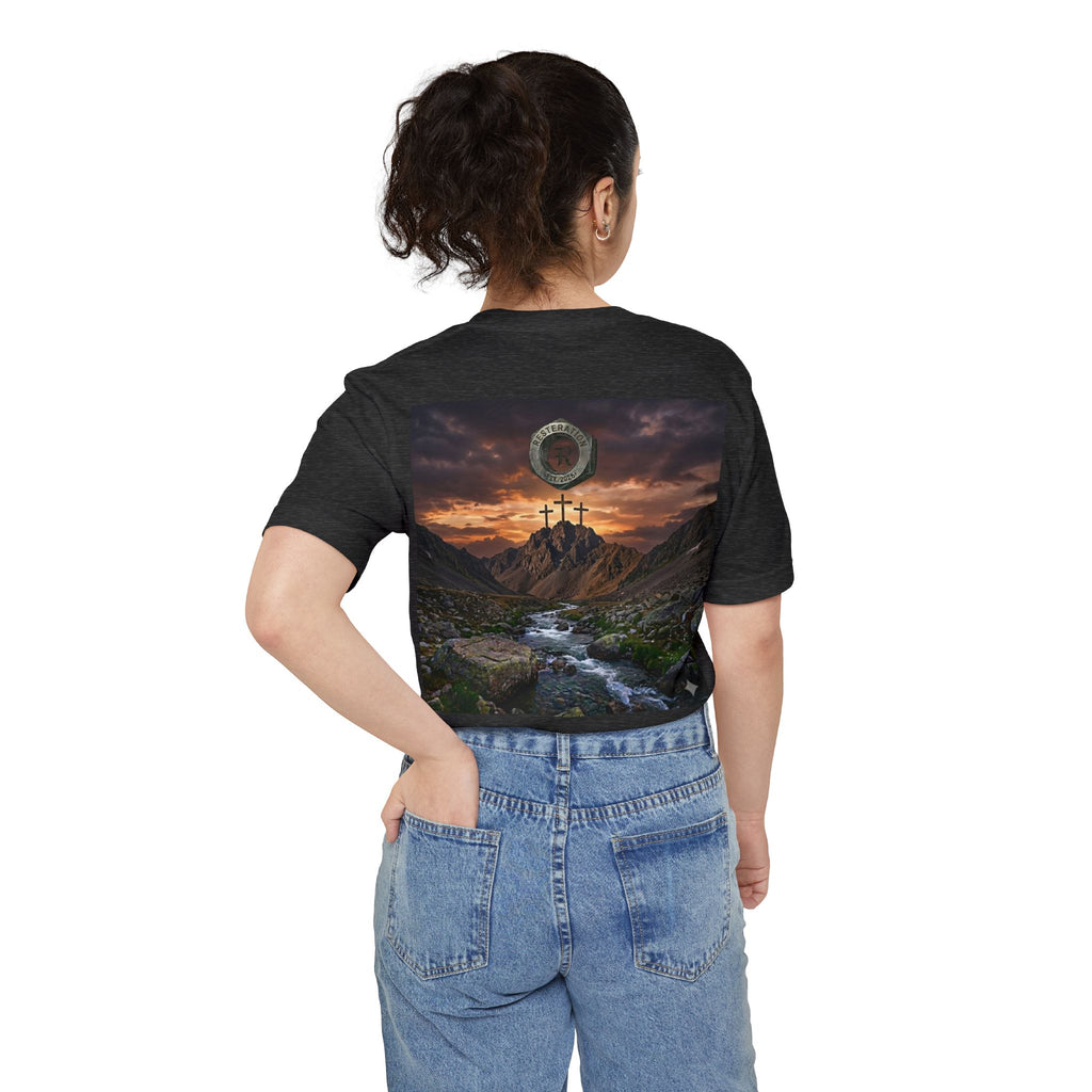Christian Cross Pocket T-Shirt — Three Crosses Scenic Back Print