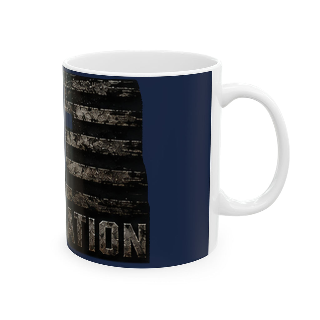 RESTERATION Flag Ceramic Mug — Distressed American Flag with Cross | 11oz & 15oz