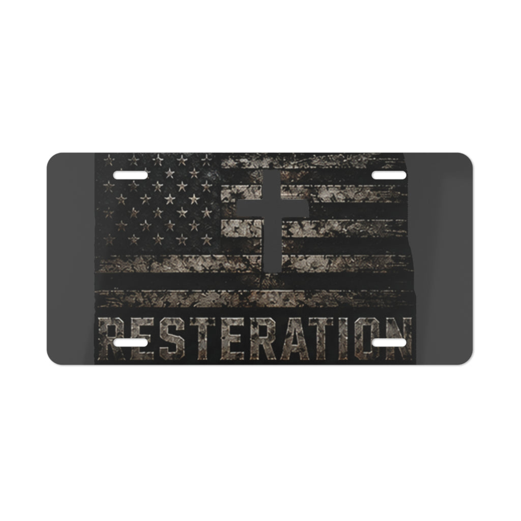 RESTERATION Faith & Flag Vanity Plate — Distressed Cross & American Flag Car Tag 3 - RESTERATION