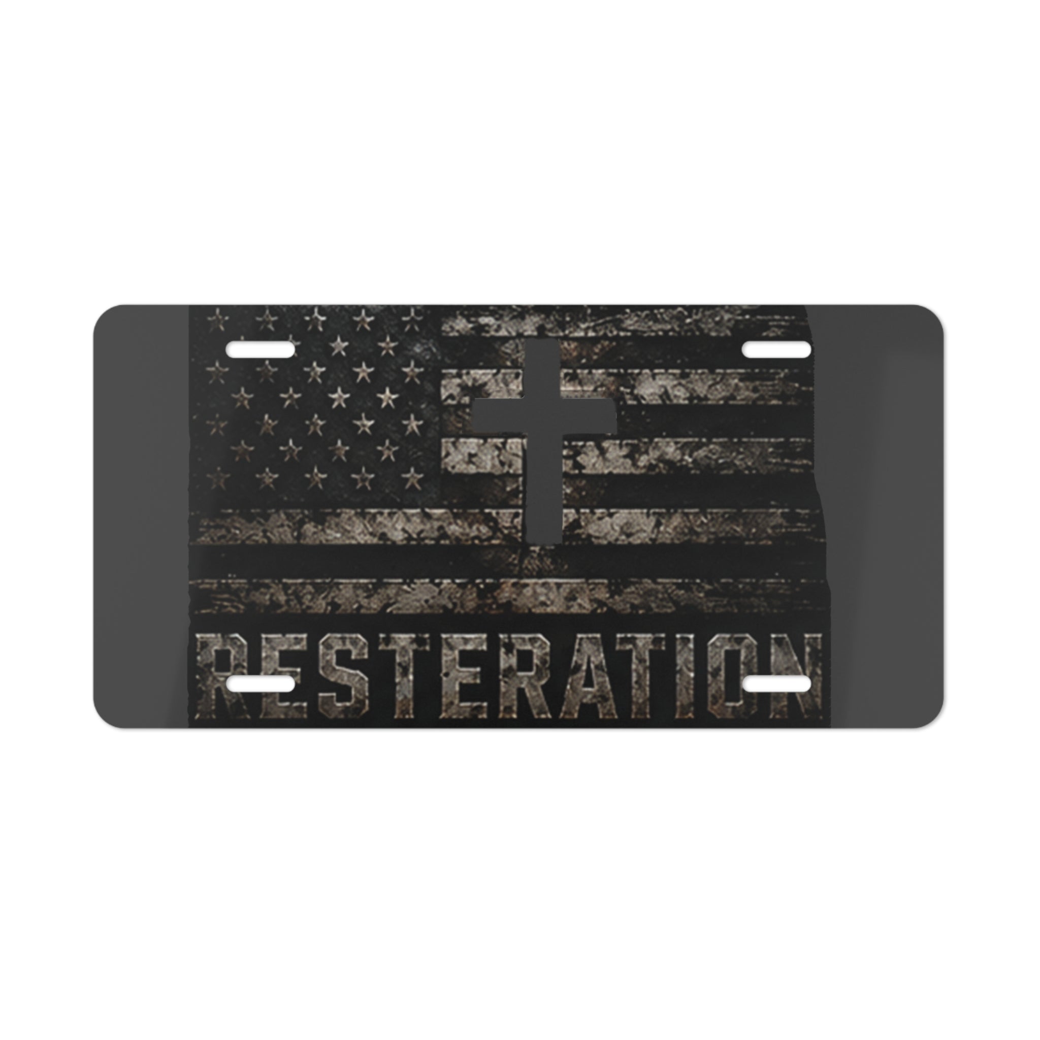 RESTERATION Faith & Flag Vanity Plate — Distressed Cross & American Flag Car Tag 3 - RESTERATION
