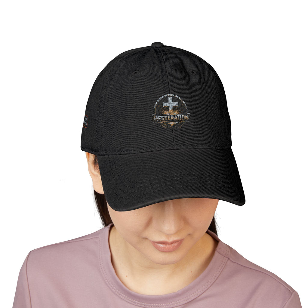 Distressed Cross Embroidered Denim Hat — Vintage Christian Baseball Cap