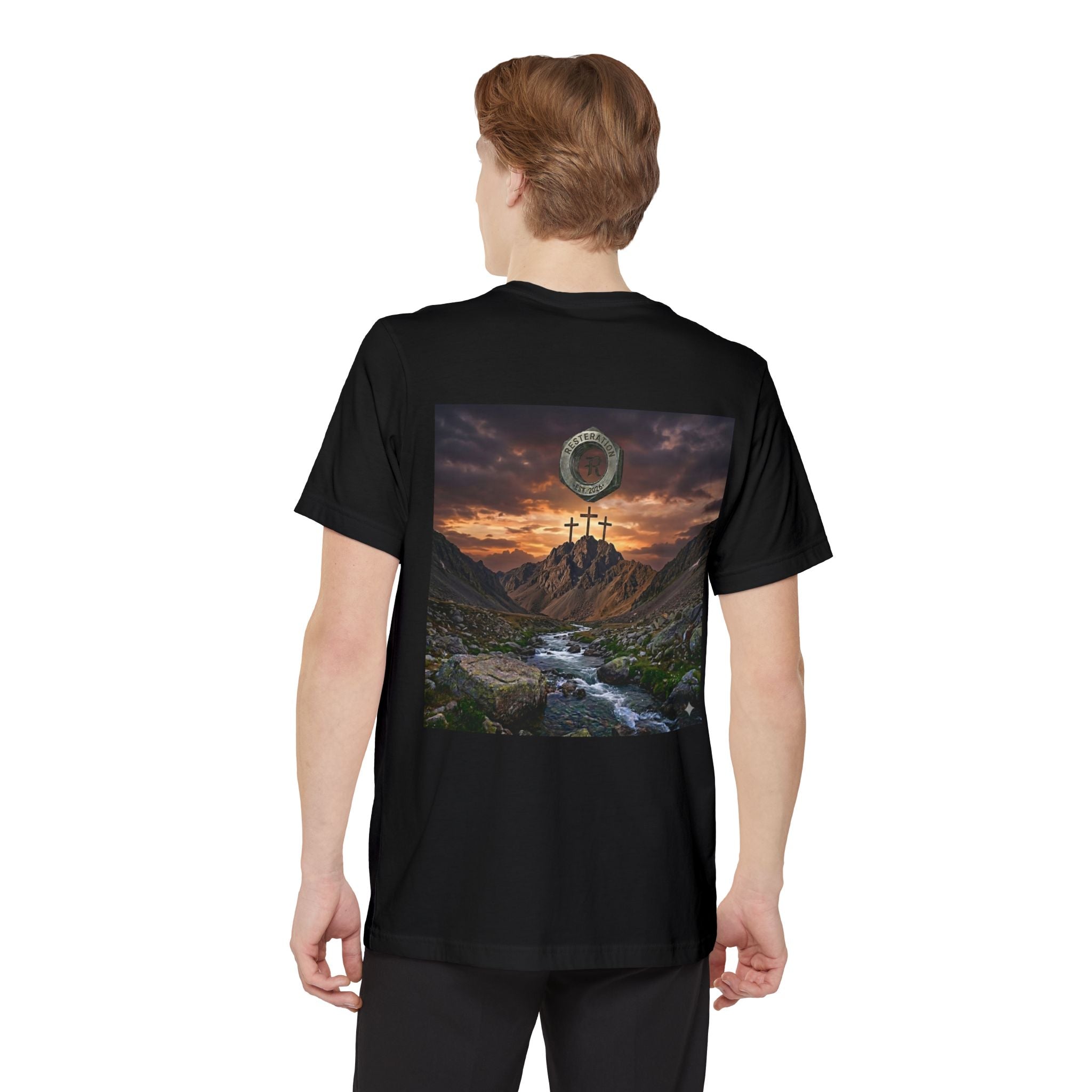 Christian Cross T-Shirt | Three Crosses Scenic Back Print | Faith Pocket Tee - RESTERATION