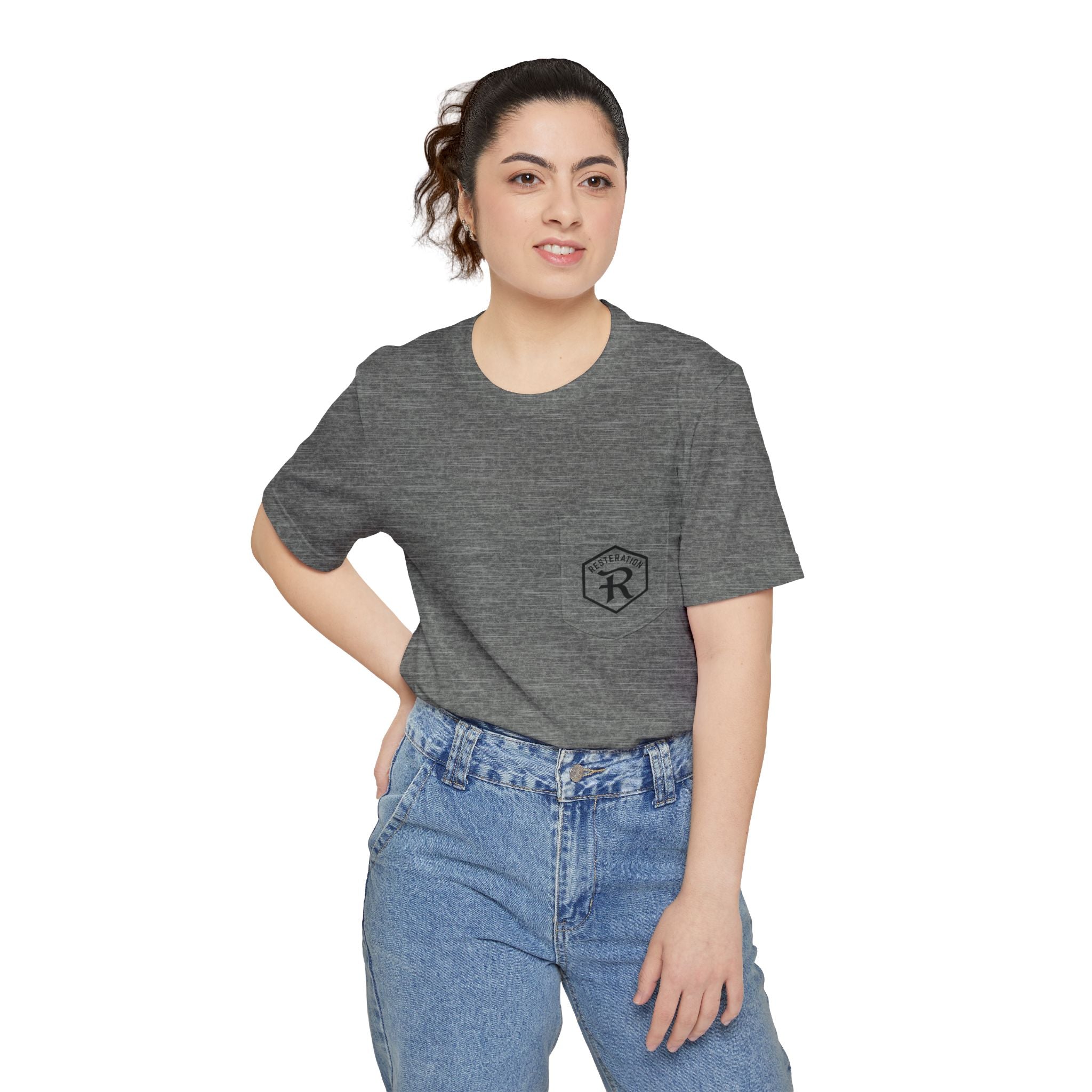 Christian Cross Pocket T-Shirt — Three Crosses Scenic Back Print