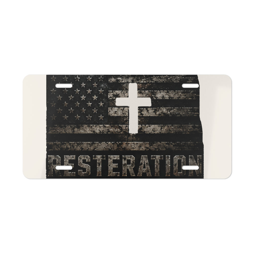 RESTERATION Faith & Flag Vanity Plate — Distressed Cross & American Flag Car Tag - RESTERATION