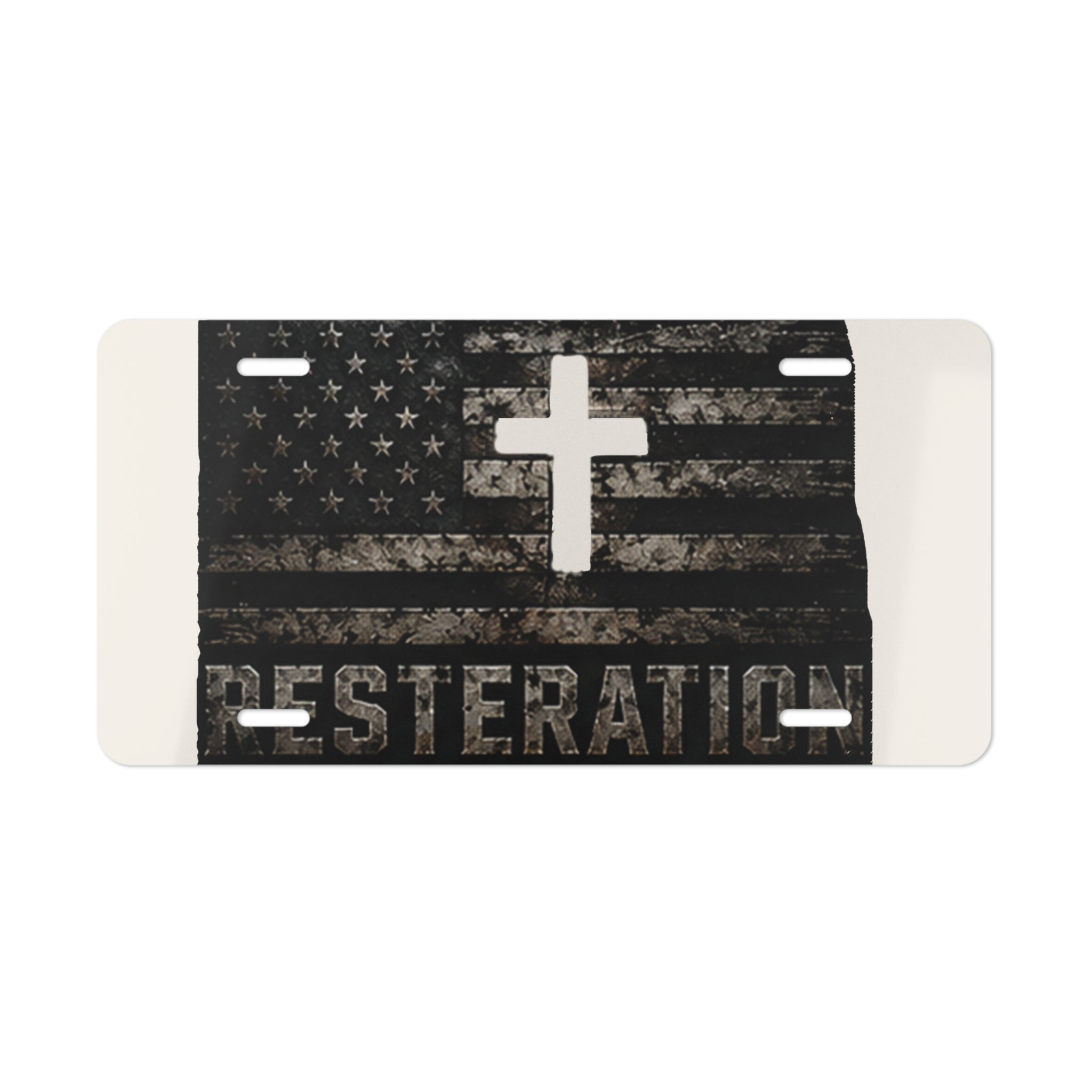 RESTERATION Faith & Flag Vanity Plate — Distressed Cross & American Flag Car Tag - RESTERATION