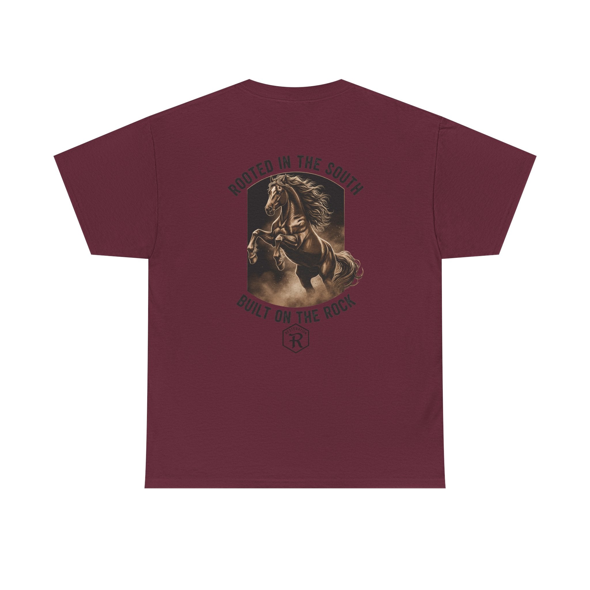 RESTERATION Tee — 'Rooted in the South, Built on the Rock' | Back Print Horse Graphic Shirt - RESTERATION