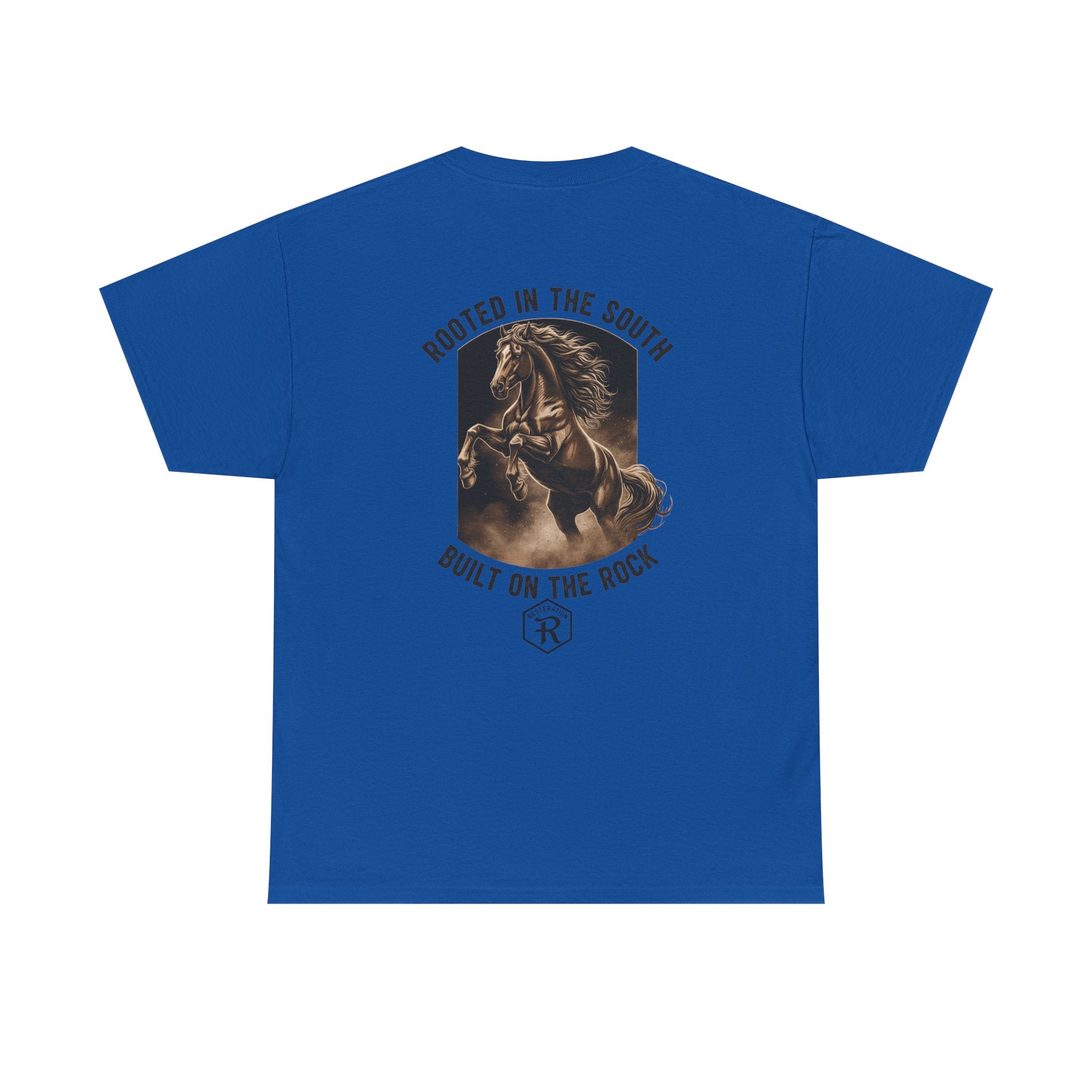 RESTERATION Tee — 'Rooted in the South, Built on the Rock' | Back Print Horse Graphic Shirt - RESTERATION