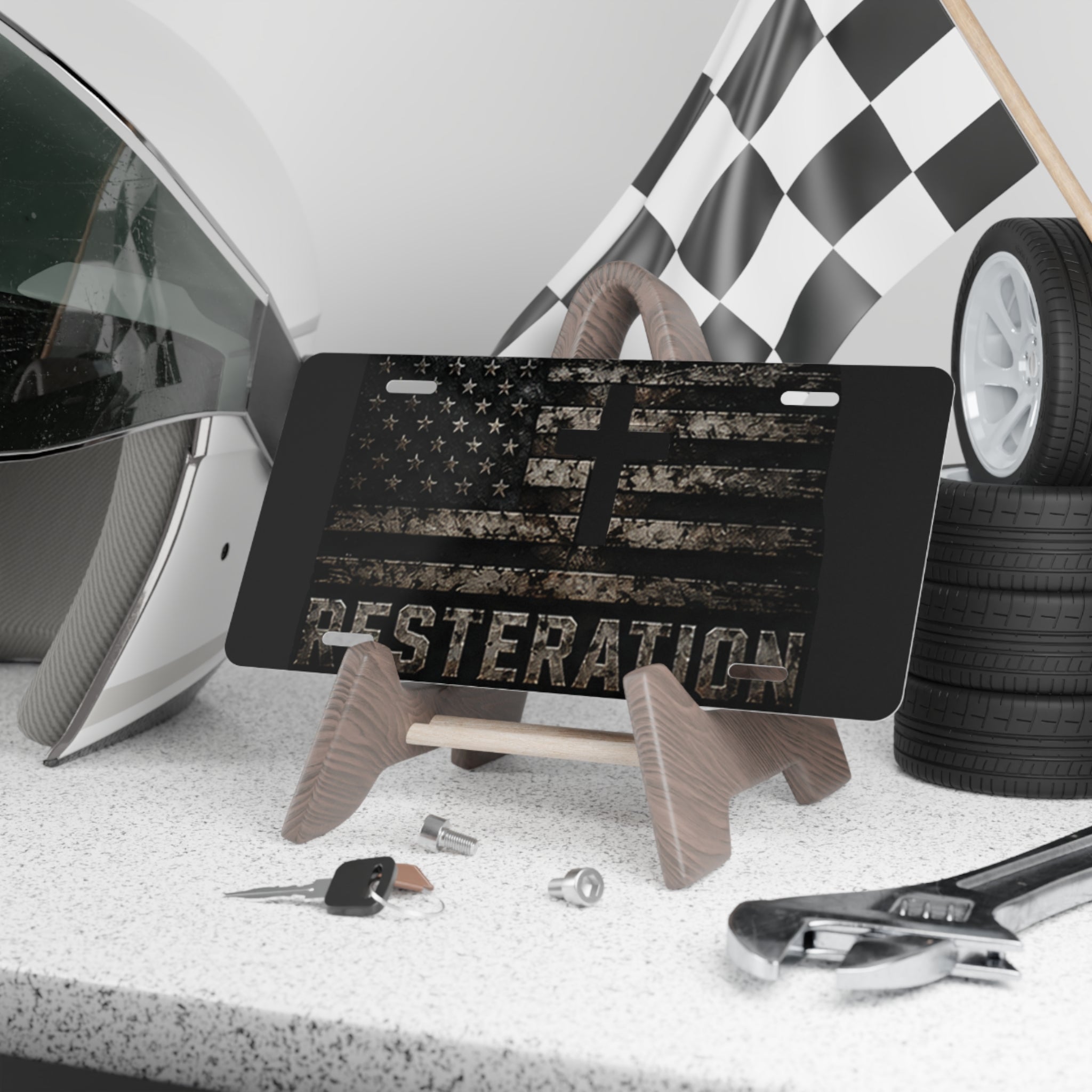 RESTERATION Faith & Flag Vanity Plate — Distressed Cross & American Flag Car Tag 5 - RESTERATION