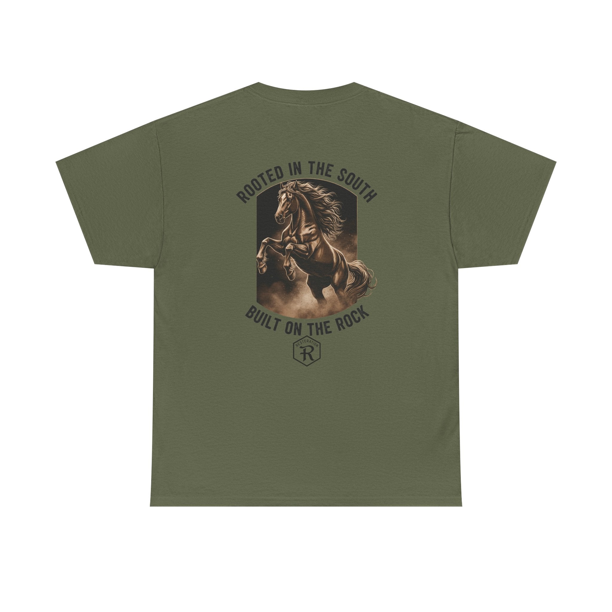 RESTERATION Tee — 'Rooted in the South, Built on the Rock' | Back Print Horse Graphic Shirt - RESTERATION