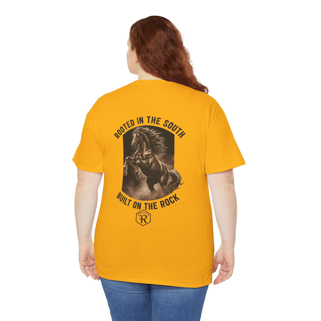RESTERATION Tee — 'Rooted in the South, Built on the Rock' | Back Print Horse Graphic Shirt - RESTERATION