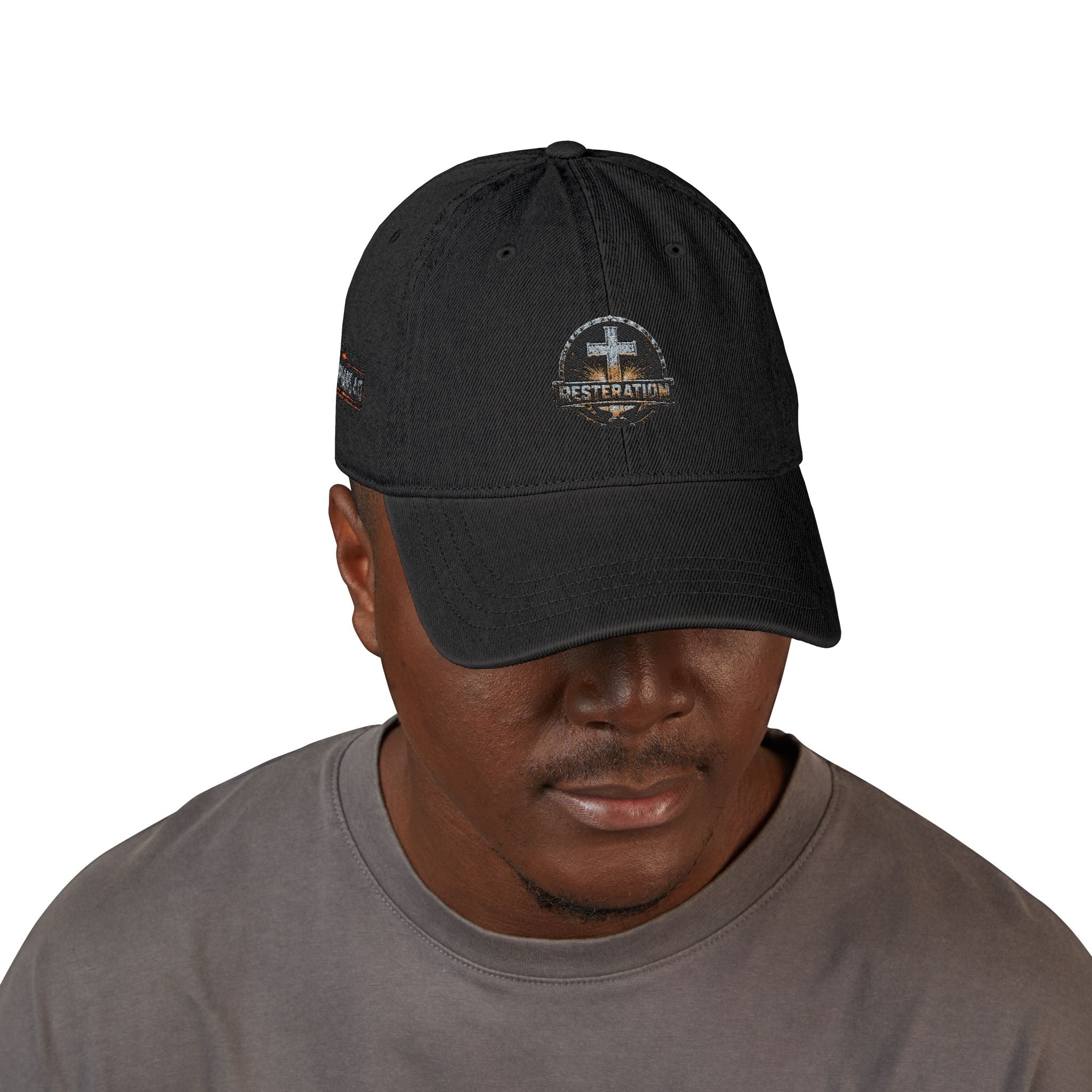 Distressed Cross Embroidered Denim Hat — Vintage Christian Baseball Cap