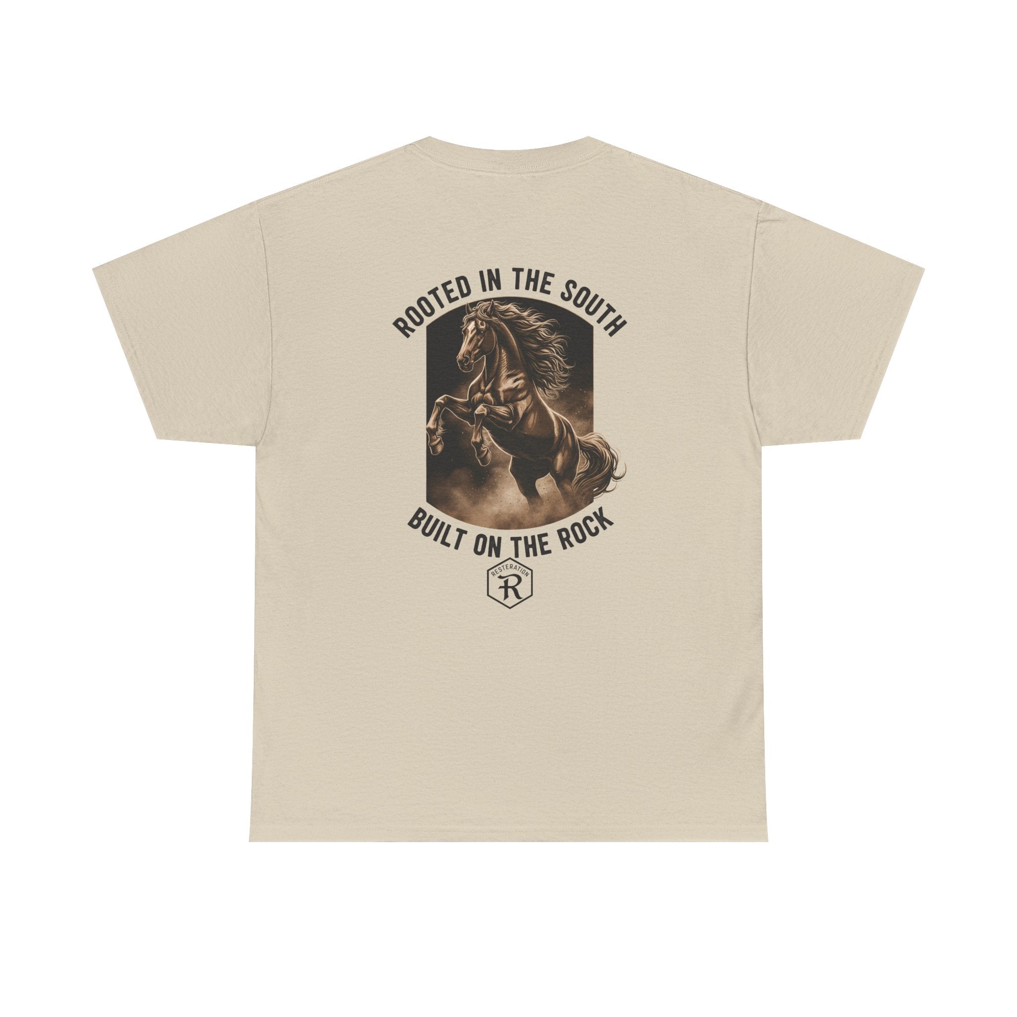 RESTERATION Tee — 'Rooted in the South, Built on the Rock' | Back Print Horse Graphic Shirt - RESTERATION
