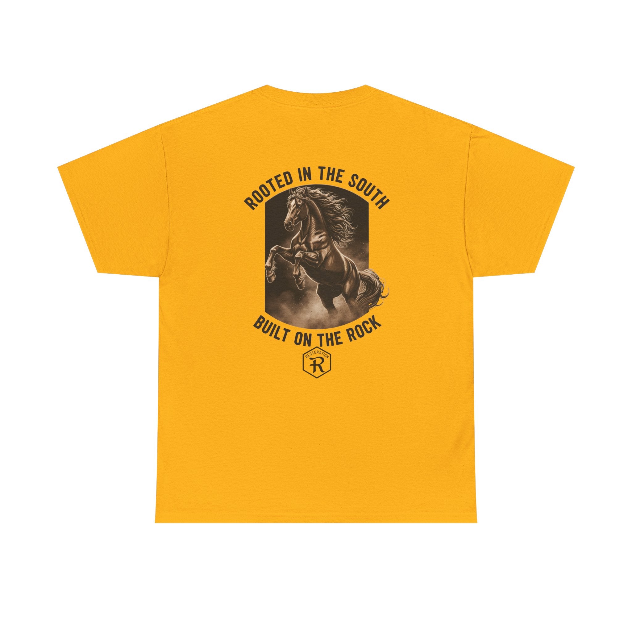 RESTERATION Tee — 'Rooted in the South, Built on the Rock' | Back Print Horse Graphic Shirt - RESTERATION