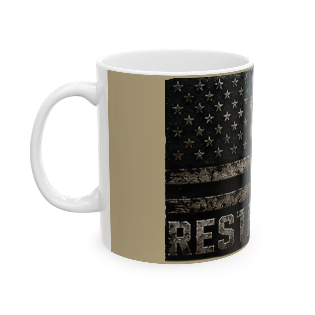 RESTERATION Flag Accent Coffee Mug — Distressed American Flag with Cross | 11oz & 15oz