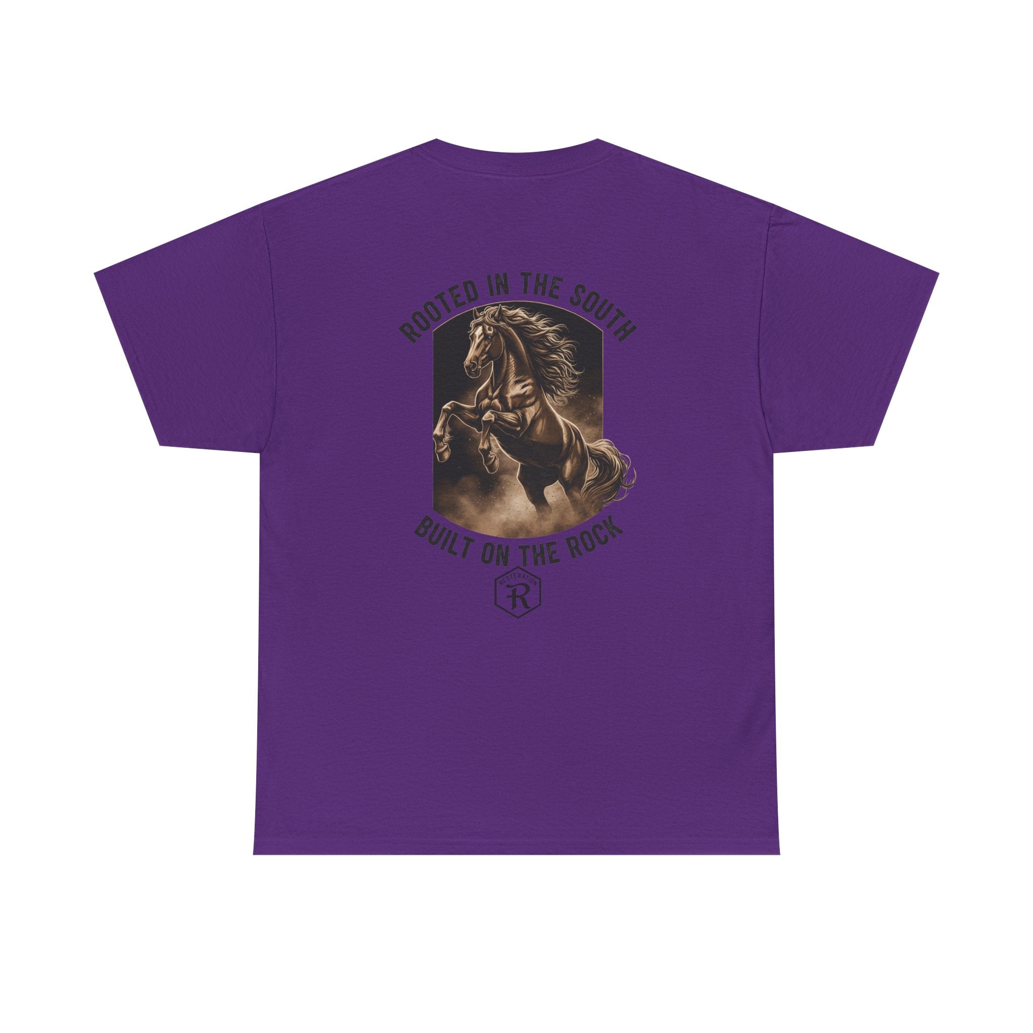 RESTERATION Tee — 'Rooted in the South, Built on the Rock' | Back Print Horse Graphic Shirt - RESTERATION