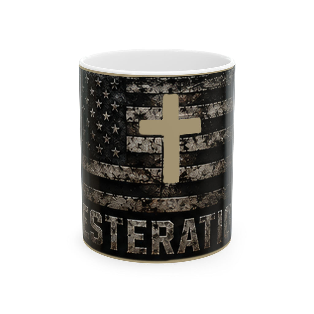 RESTERATION Flag Accent Coffee Mug — Distressed American Flag with Cross | 11oz & 15oz