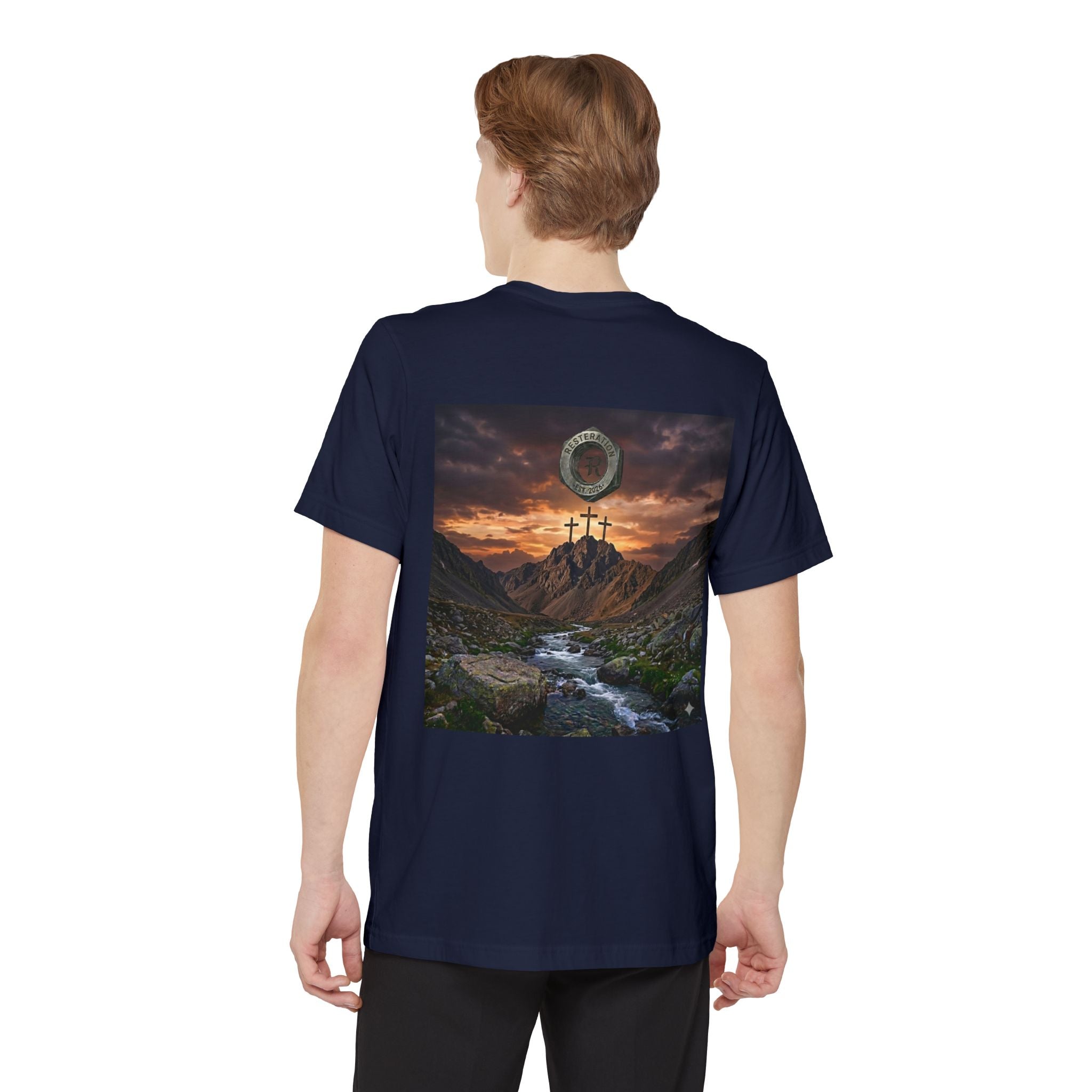 Christian Cross T-Shirt | Three Crosses Scenic Back Print | Faith Pocket Tee - RESTERATION