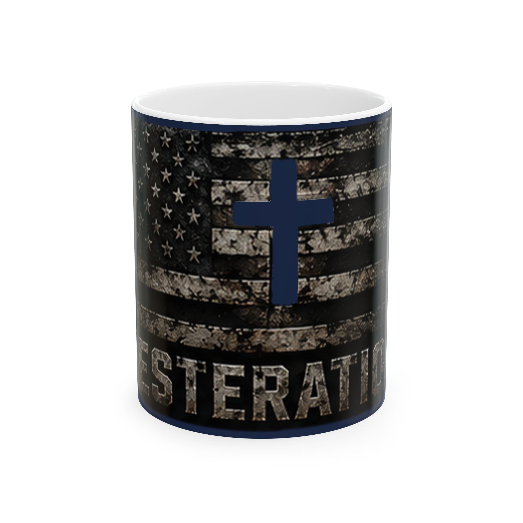 RESTERATION Flag Ceramic Mug — Distressed American Flag with Cross | 11oz & 15oz
