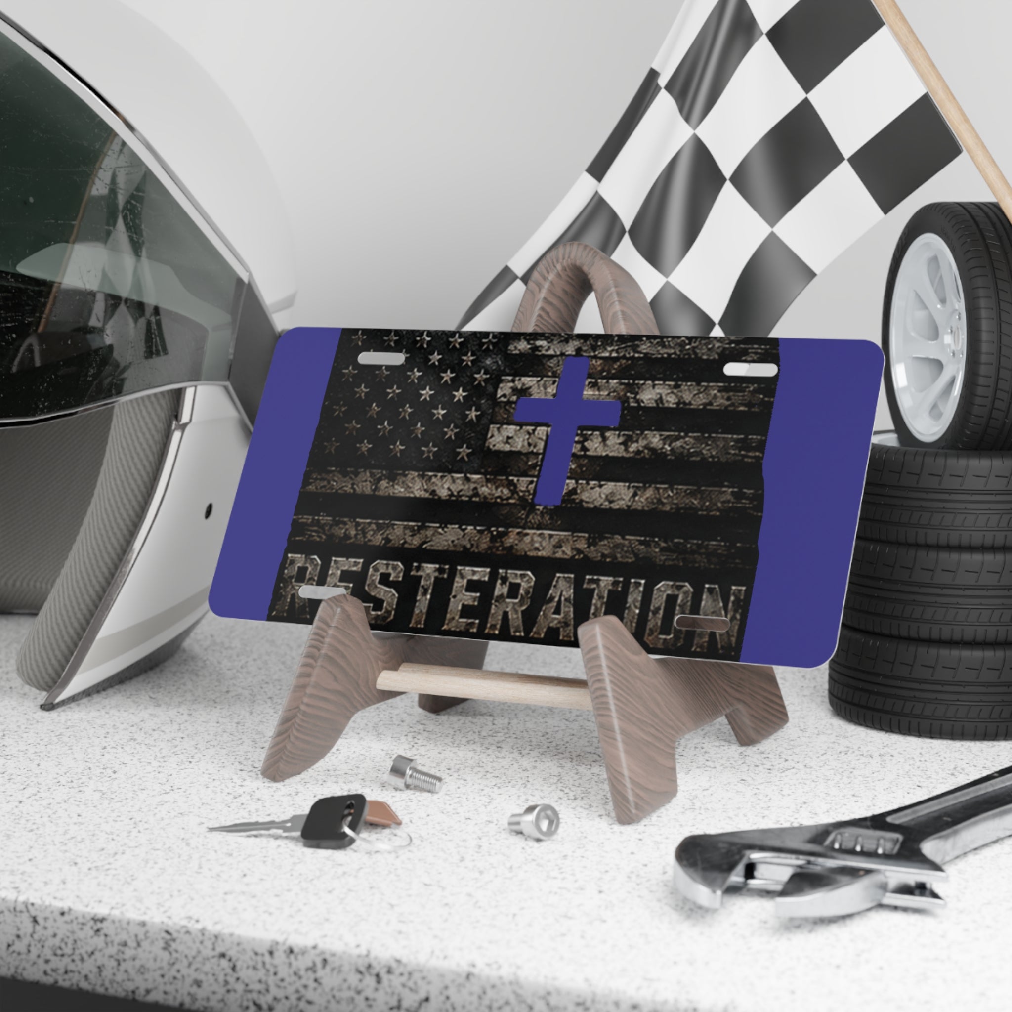 RESTERATION Vanity Plate — Faith & Flag | Thin Blue Line Cross Edition