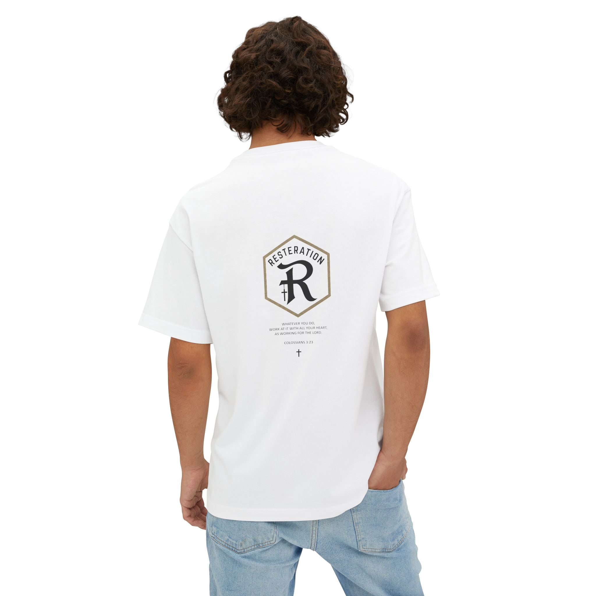 RESTERATION Oversized Boxy Tee — Colossians 3:23 Scripture Back Print - RESTERATION