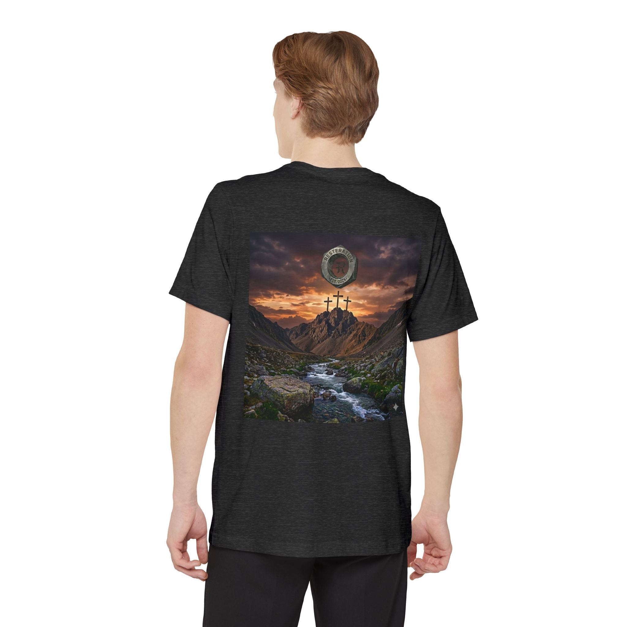 Christian Cross T-Shirt | Three Crosses Scenic Back Print | Faith Pocket Tee - RESTERATION