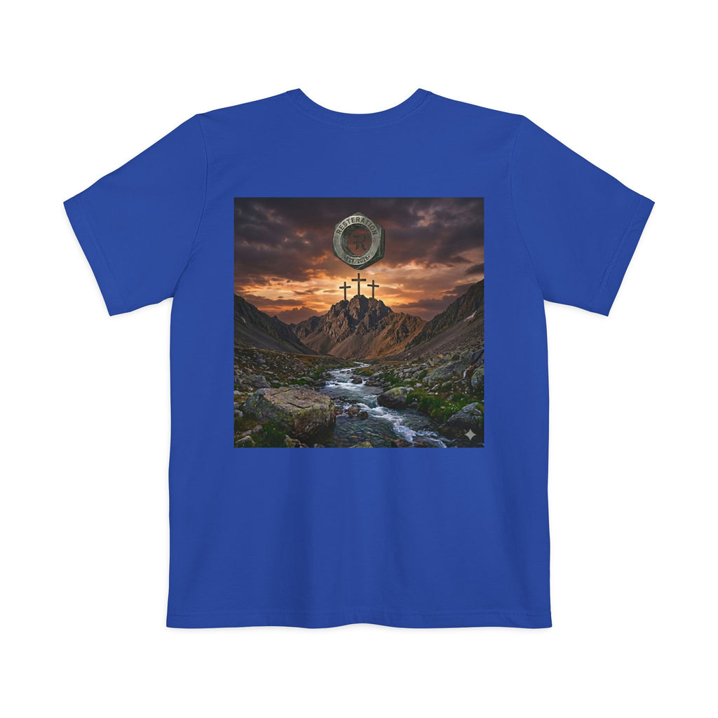 Christian Cross Pocket T-Shirt — Three Crosses Scenic Back Print