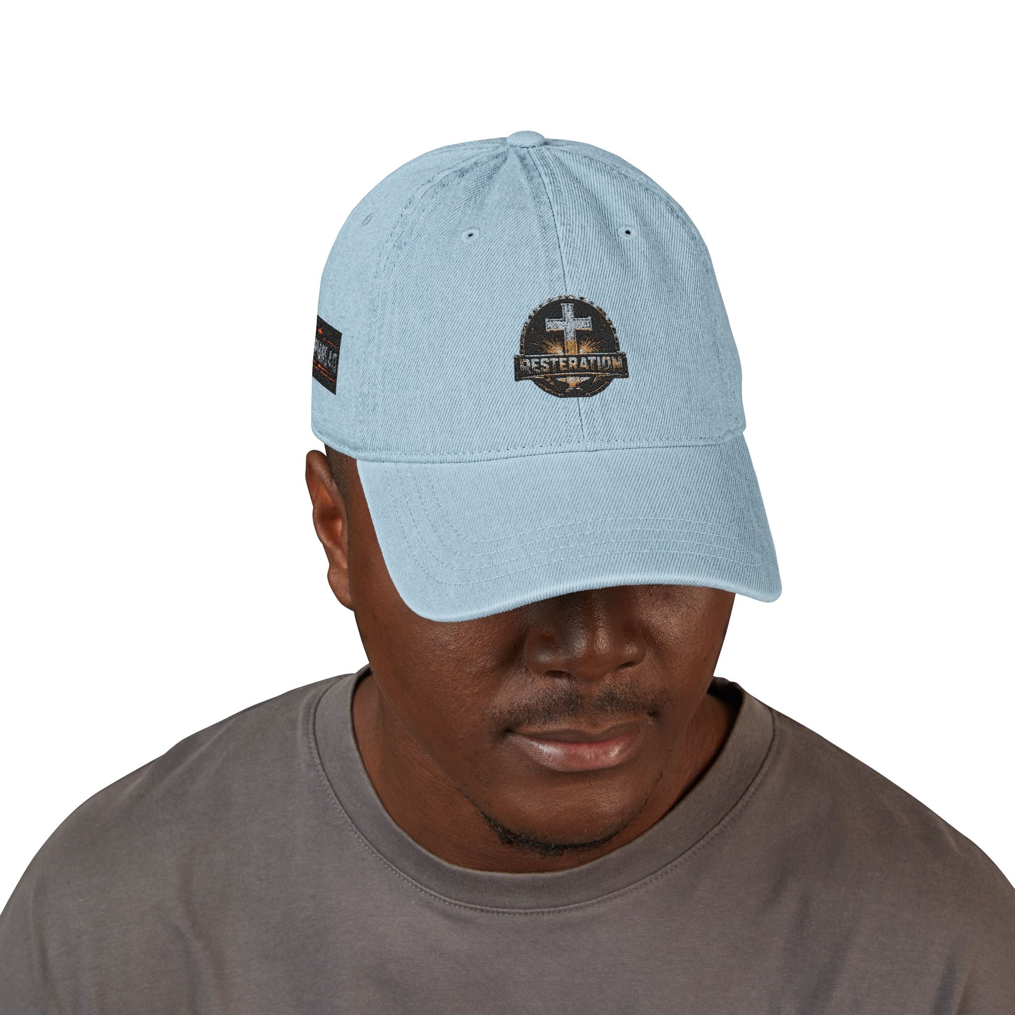 Distressed Cross Embroidered Denim Hat — Vintage Christian Baseball Cap