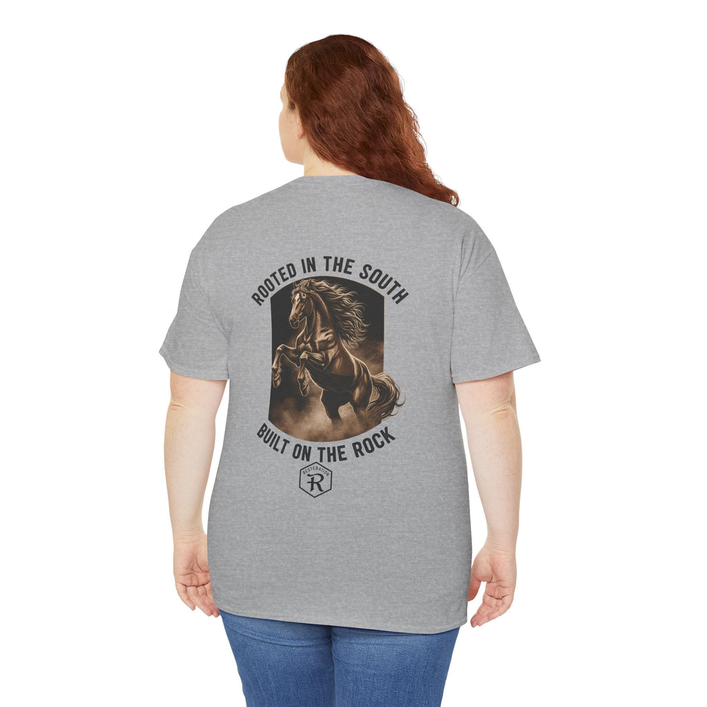 RESTERATION Tee — 'Rooted in the South, Built on the Rock' | Back Print Horse Graphic Shirt - RESTERATION