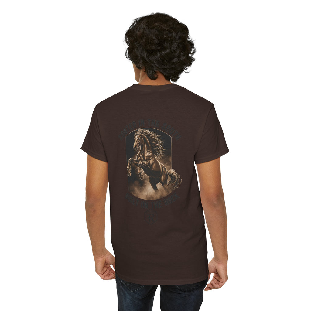 RESTERATION Tee — 'Rooted in the South, Built on the Rock' | Back Print Horse Graphic Shirt - RESTERATION