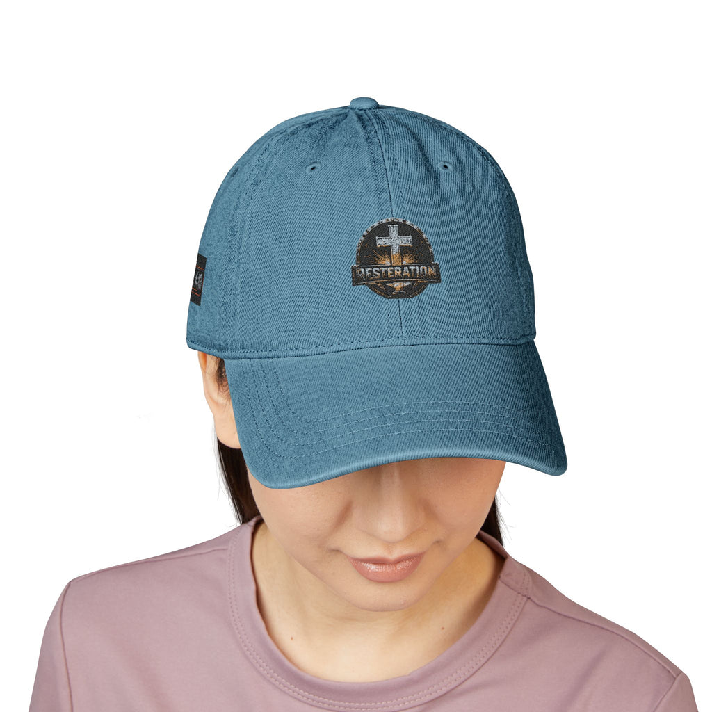 Distressed Cross Embroidered Denim Hat — Vintage Christian Baseball Cap