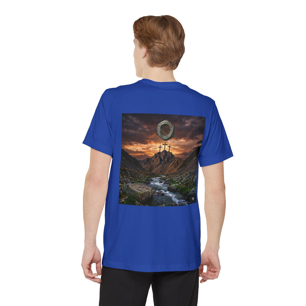 Christian Cross T-Shirt | Three Crosses Scenic Back Print | Faith Pocket Tee - RESTERATION
