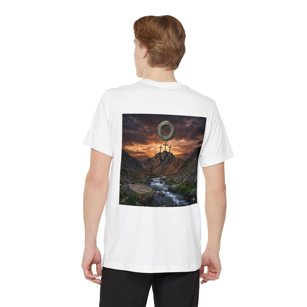 Christian Cross T-Shirt | Three Crosses Scenic Back Print | Faith Pocket Tee - RESTERATION