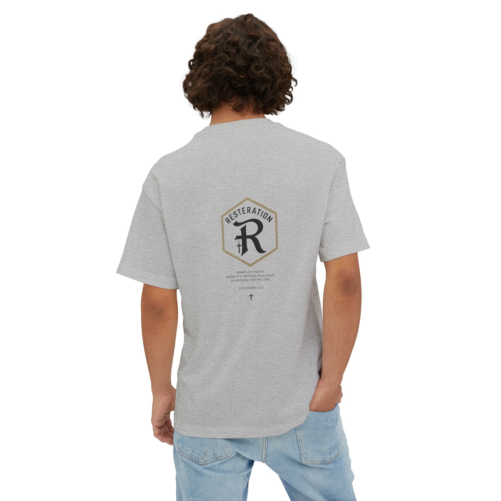 RESTERATION Oversized Boxy Tee — Colossians 3:23 Scripture Back Print - RESTERATION