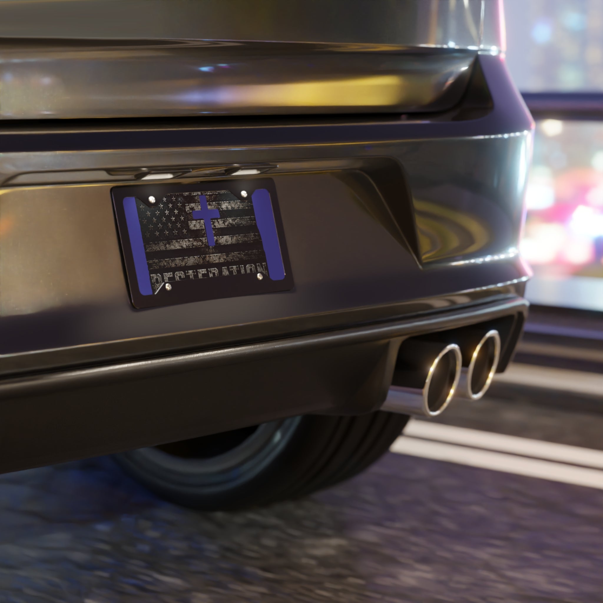 RESTERATION Vanity Plate — Faith & Flag | Thin Blue Line Cross Edition