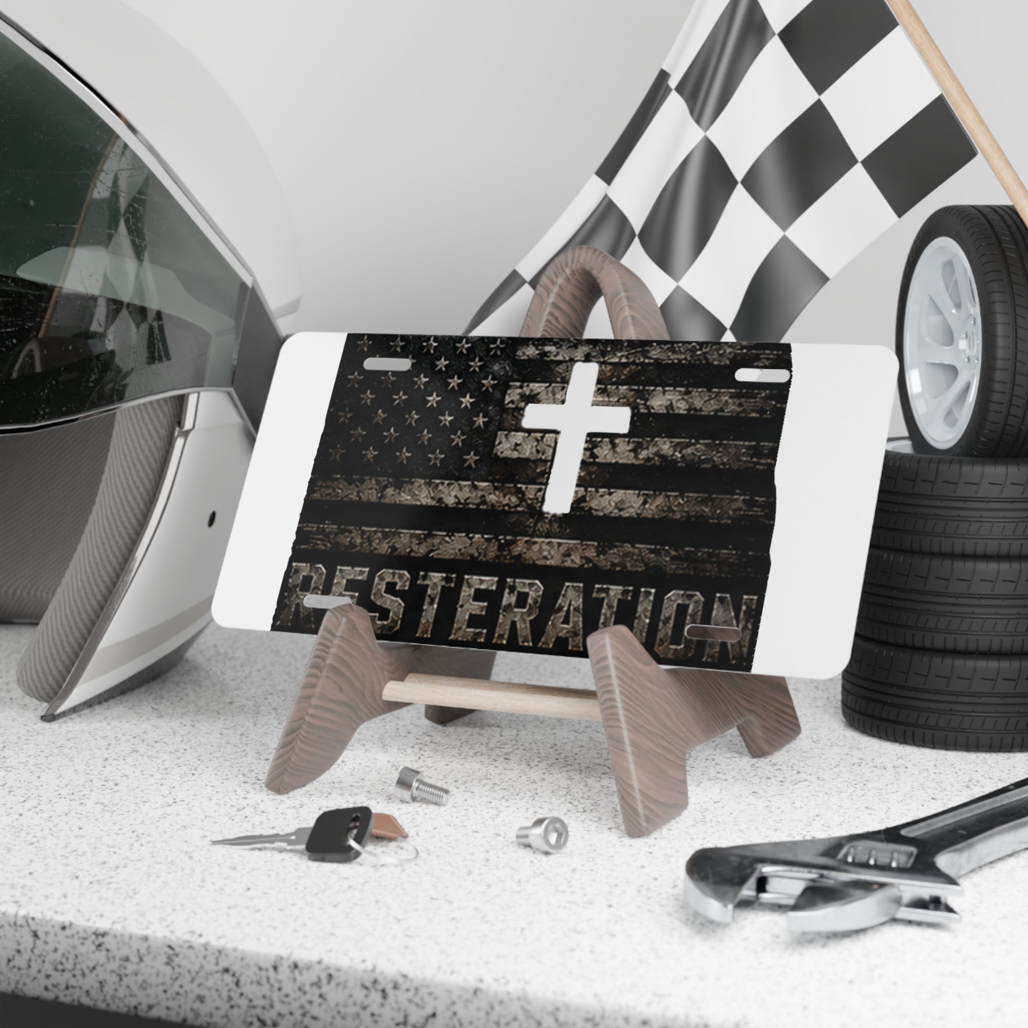 RESTERATION Faith & Flag Vanity Plate — Distressed Cross & American Flag Car Tag